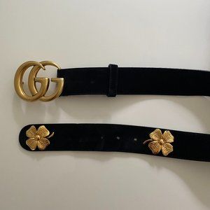 Gucci Double G Belt Black Suede Four-Leaf Clover 90/36